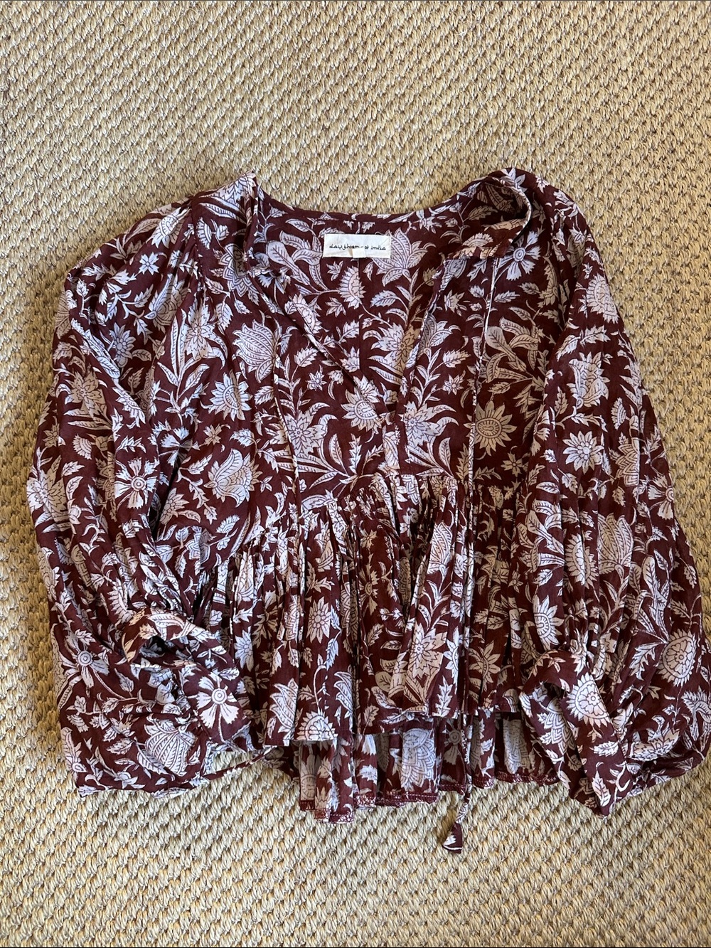 Daughters of India Burgundy and White Floral Peasant Blouse top